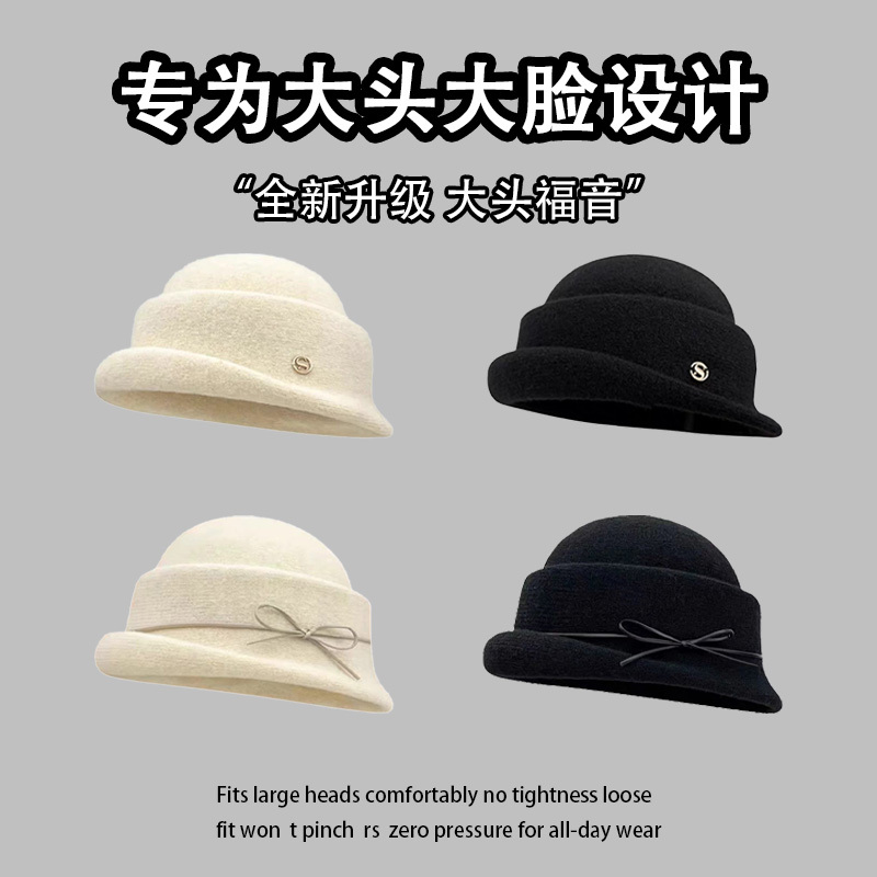 Large Head Circumference Fedora Hat for Women, Hepburn Style, Chinese Style, Elegant and Graceful, Fisherman Hat, Autumn and Winter, Warm, Large Size Large Head Circumference Fedora Hat for Women, Hepburn Style, Chinese Style, Elegant and Graceful, Fisherman Hat, Autumn and Winter, Warm, Large Size