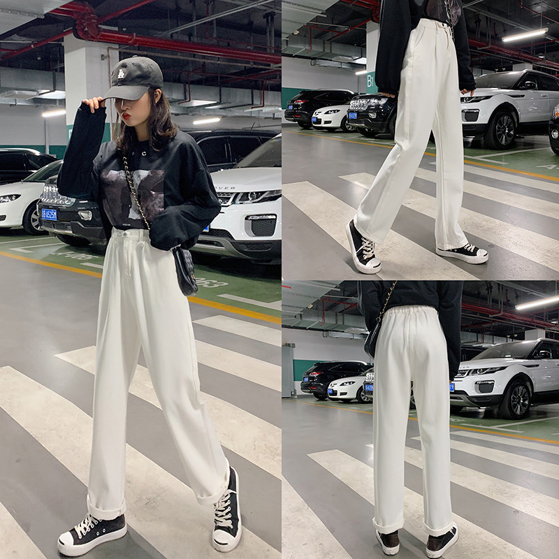 Large size loose straight cylinder jeans female Wembleweight girl wearing a lap covered leg fat high waist display slim student 90% wide-legged pants