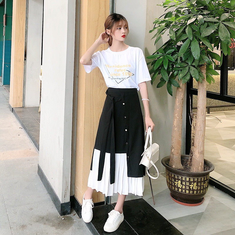 Large size irregular stitching overalls skirt women's slightly fat girls wear a long version of the A-line skirt that covers the legs, fat and high waist