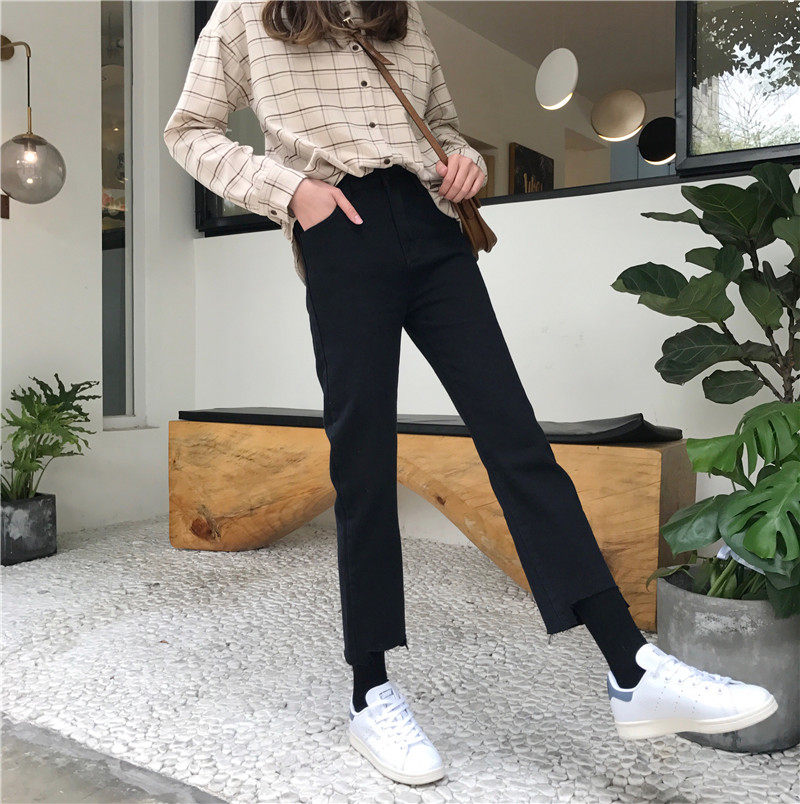 Large size spring and summer high waist jeans women loose Korean version ulzzang students all-match irregular nine-point straight-leg pants