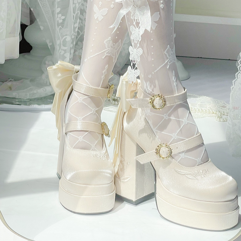 In stock: Floating Dream Lily of the Valley original elegant satin platform Lolita shoes, niche design butterfly high-heeled Mary Jane shoes.