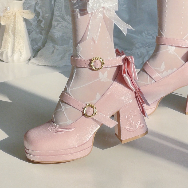 Floating Dream Lily of the Valley Original Lo Shoes, Niche Design, Elegant Satin, Versatile Mid-Heel Butterfly Bow Mary Jane Shoes