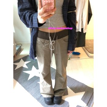 Eihey ehey street style old-fashioned y2k micro-horn splicing contrasting color slimming lace-up versatile casual floor mopping trousers