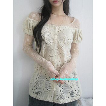 Eihey ນໍາເຂົ້າ fabric crocheted puff sleeve lace shirts can be worn layered buttoned mid-length length-sleeved top-sleeve lace top for women