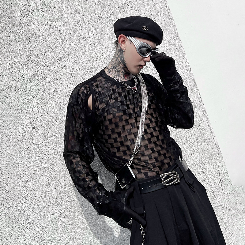 Shepherd Handsome: Niche Design Mesh Hollow-Out Long-Sleeve T-Shirt, Unisex Trendy and Unique Nightclub Style, Suitable for All Seasons