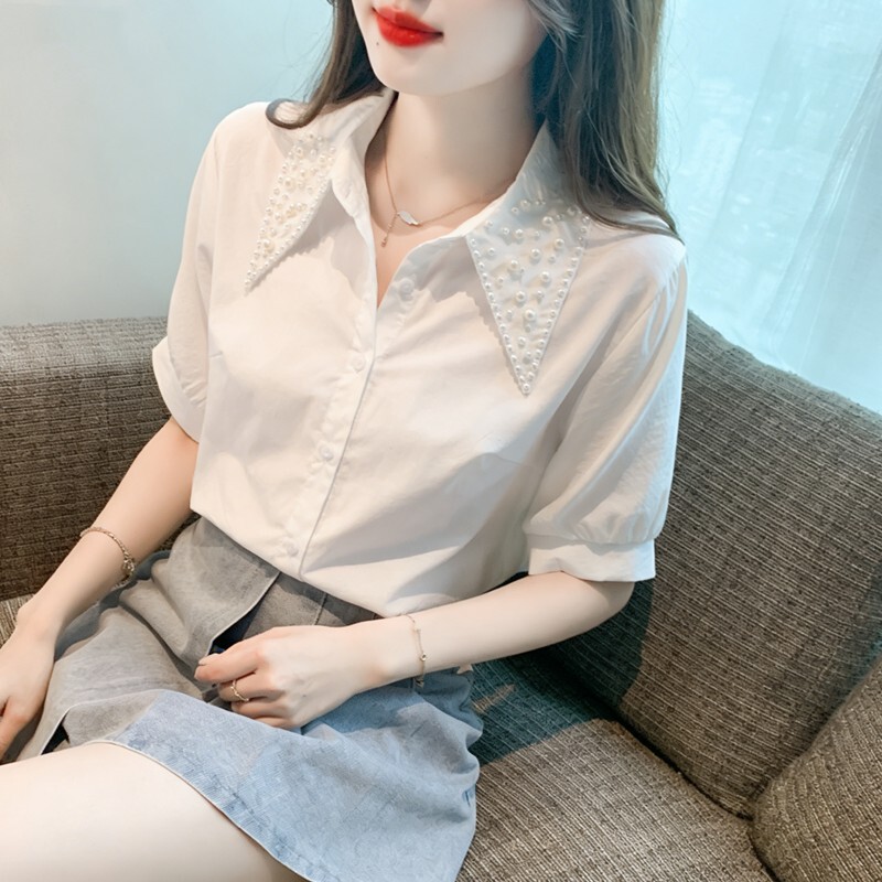 Sweet and Elegant Style with Heavy Beading Design Short-Sleeve Shirt, 2026 Summer New Model, Gentle and Graceful Top Sweet and Elegant Style with Heavy Beading Design Short-Sleeve Shirt, 2026 Summer New Model, Gentle and Graceful Top