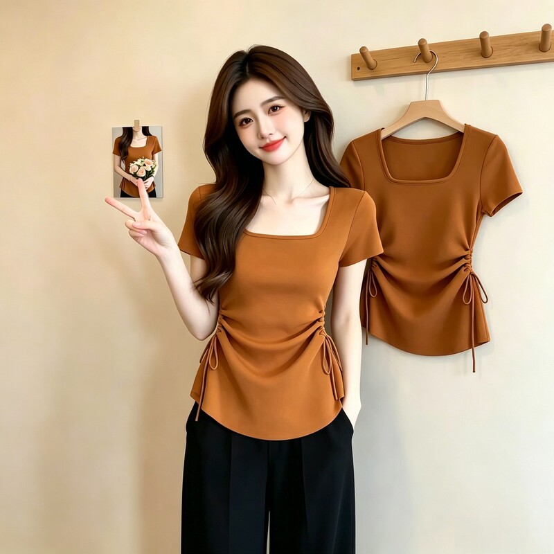 French-Style Square-Neck Top for Women, Summer Design, Niche T-Shirt, Fashionable and Stylish Blouse, New Model for 2026 French-Style Square-Neck Top for Women, Summer Design, Niche T-Shirt, Fashionable and Stylish Blouse, New Model for 2026
