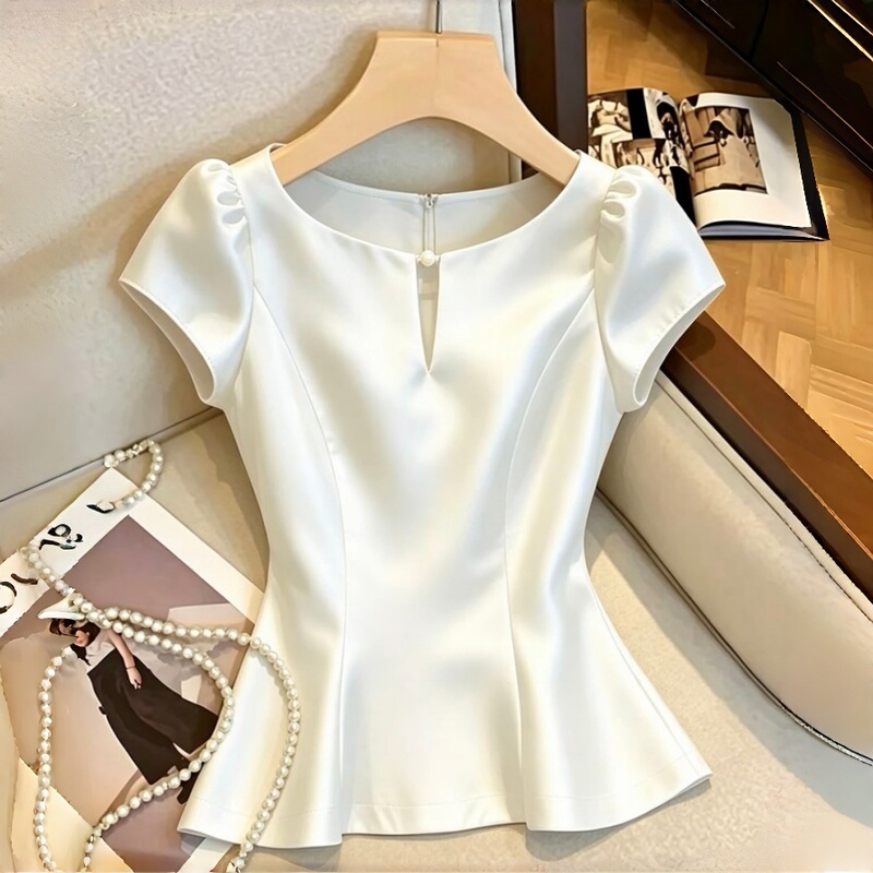 Elegant and Luxurious Chanel-Style Hollow-Out Short-Sleeve Top, 2026 Fashion Waist-Cinching Slimming Chic Age-Reducing Satin Blouse