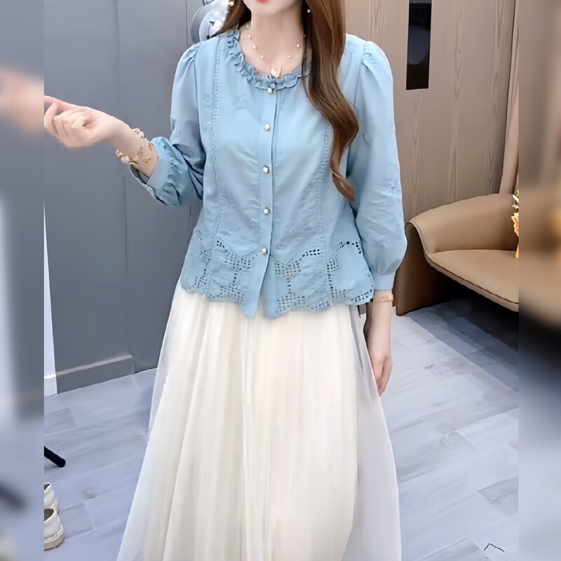 100% Pure Cotton French Lace Patchwork Hollow-Out Shirt for Women, 2026 Autumn, Age-Reducing, Gentle and Elegant Blouse Top 100% Pure Cotton French Lace Patchwork Hollow-Out Shirt for Women, 2026 Autumn, Age-Reducing, Gentle and Elegant Blouse Top