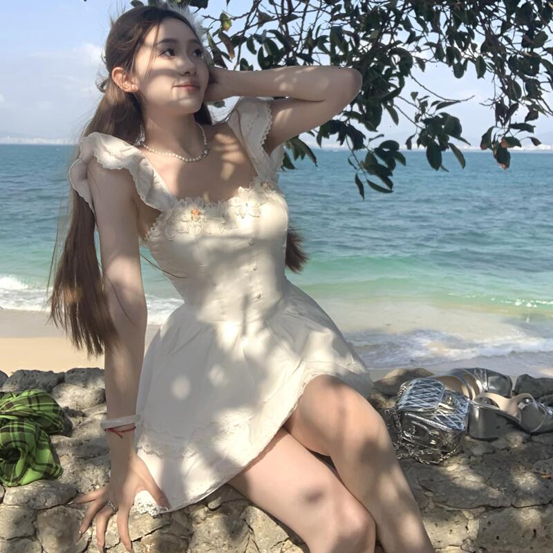 Loki Sweet Dream Realm First Love Little White Dress Solid Color Slim Fit Flutter Sleeve White Dress Princess Puffy Dress