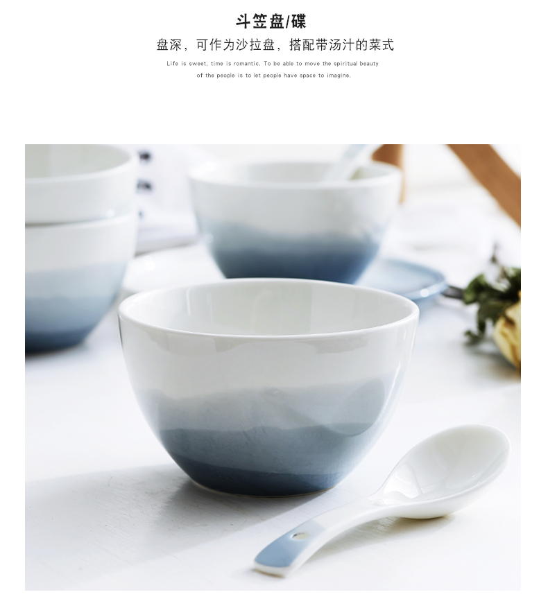 Nordic ceramic tableware, household dishes suit to send complete sets of single simple dishes four people eat rice bowl soup bowl