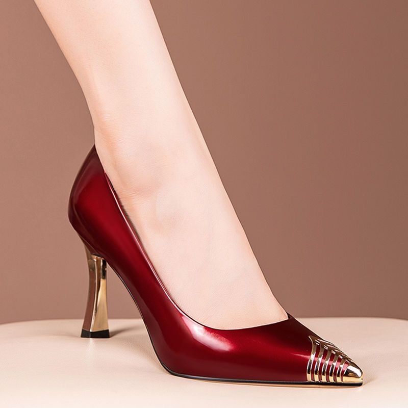 Genuine Leather Stiletto High Heels 2026 Spring and Autumn New Style Elegant Patent Leather Women's Shoes Burgundy Versatile Work Leather Shoes for Women