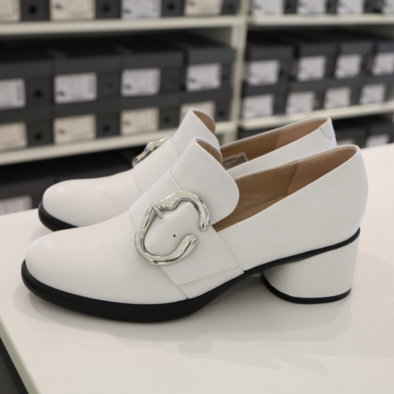 Ecco Women's Shoes with Chunky Heels, Formal Shoes, Round-Toe Leather Shoes, Model 222443, Genuine Product, Black and White