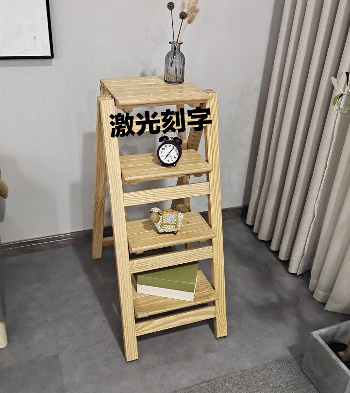 Solid wood-free-mounting folding ladder stool Home Multi-function Interior Three-four-step climbing high ladder thickened mesh red staircase stool