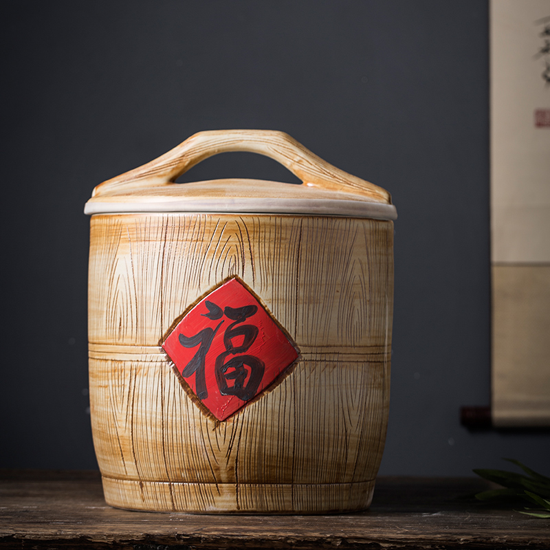 Jingdezhen ceramic 10 jins meters imitation solid wood flour bucket moistureproof insect - resistant cylinder 20 jins 30 household seal storage tank