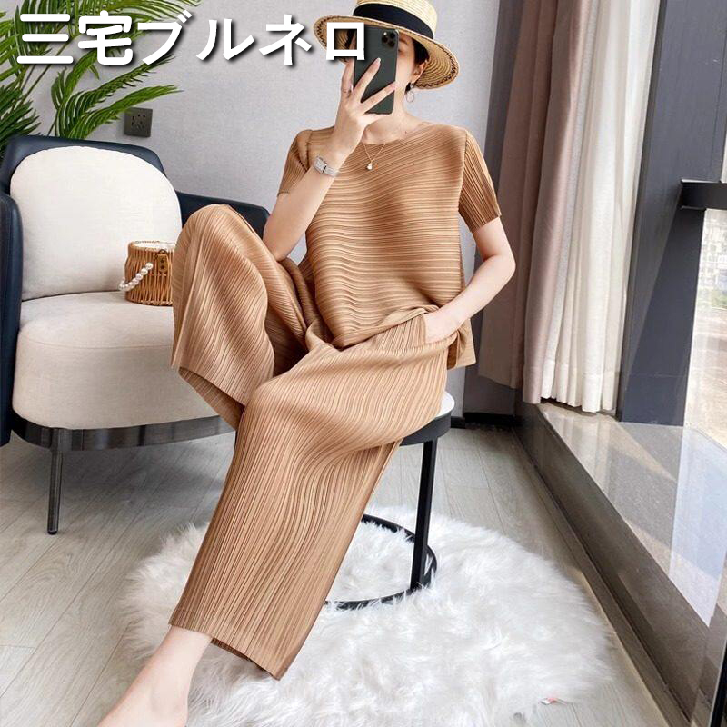 Miyake Brunello Pleated Fashion Casual Suit for Women, Summer Irregular Top, Loose Wide-Leg Pants Two-Piece Set
