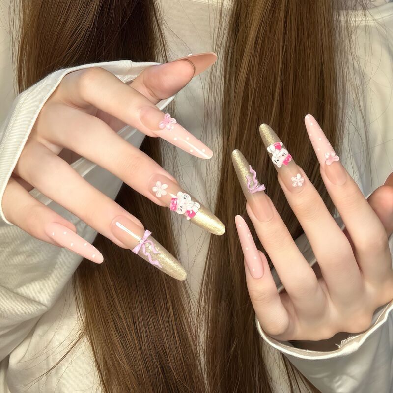Pink Kitty Cat French Cat Eye Bow Handmade Wearable Nail Stickers Removable