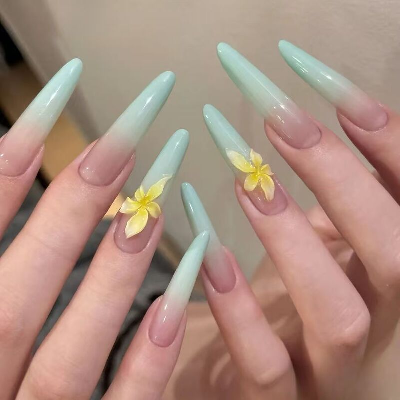 Mint Ice Flower Handmade Wearable Nails Three-Dimensional Plumeria Gradient Ice Transparent Pure Desire High-End Nail Art Stickers