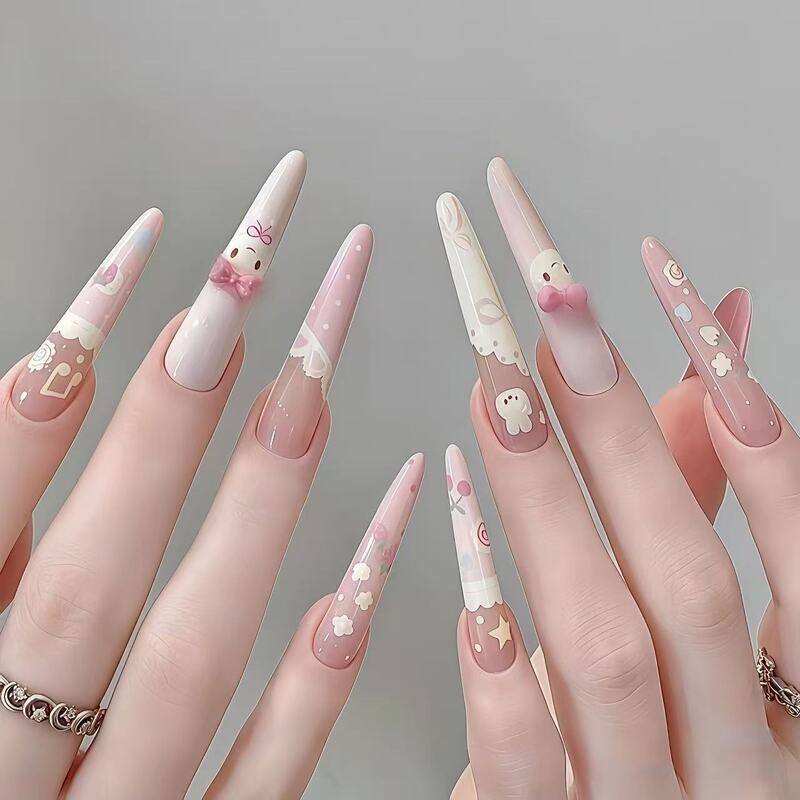 Creamy Soft Cute Cartoon Wearable Nails with Fresh Bow and Star Designs, Detachable and Reusable