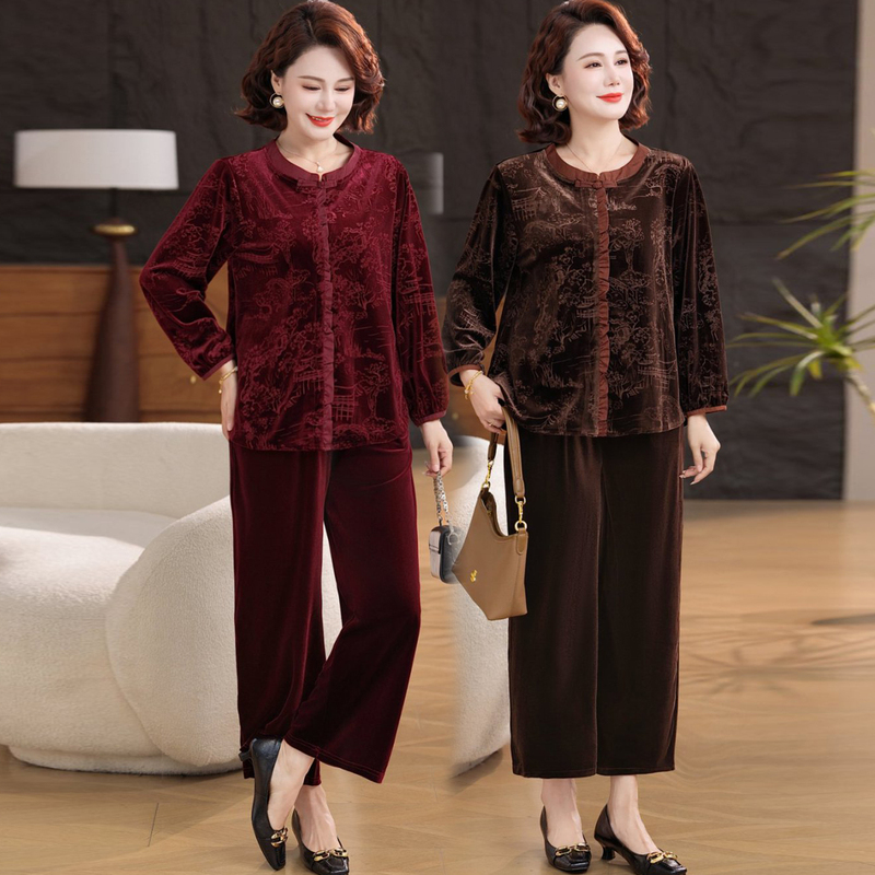 New Chinese-Style National Fashion Spring Outfit Set for Mothers, Plus-Size Middle-Aged and Elderly Women's Clothing, Spring and Autumn Velvet Two-Piece Set