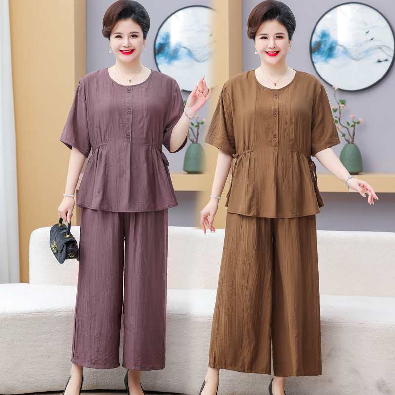 New Style Summer Short-Sleeved Belly-Covering Suit for Fat Mothers, Stylish and Loose-Fitting Middle-Aged and Elderly Women's Clothing, Plus Size Two-Piece Set