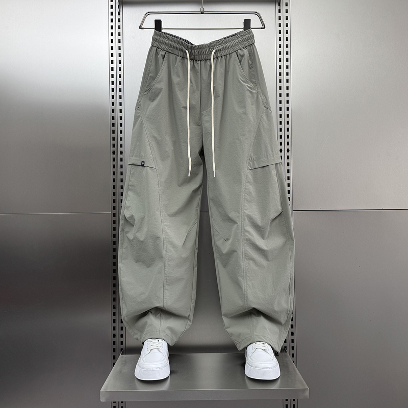 2026 Summer New Style Workwear Style Loose Straight Casual Pants Men's Solid Color Drawstring Wide-Leg Long Pants Trendy