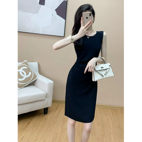 Высококачественное текстурированное черное шифоновое платье 2024 Новая женская летняя рабочая темперамент Ol Внутренняя рукавочная черная юбка