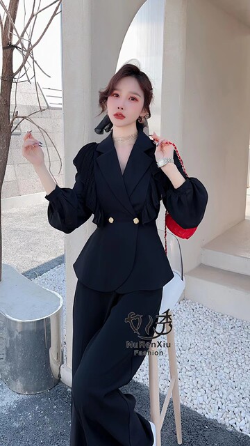 Temperament women's show suit 2023 spring and autumn new chiffon stitching suit high waist wide-leg pants two-piece women's clothing