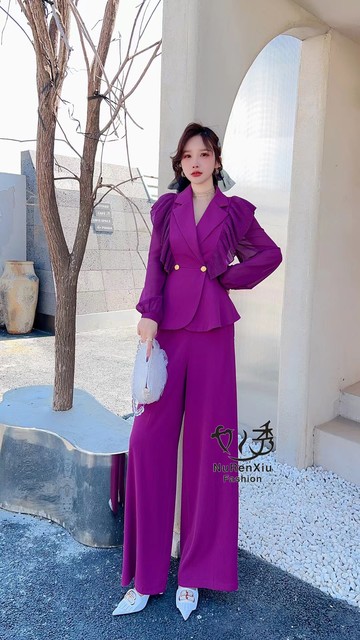 Temperament women's show suit 2023 spring and autumn new chiffon stitching suit high waist wide-leg pants two-piece women's clothing