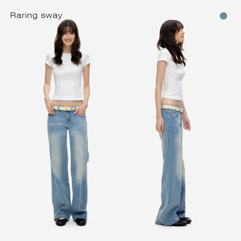 Raring Sway Classic Retro Light Blue Low-Waist Washed Micro-Elastic Straight-Leg Slimming Jeans for Women