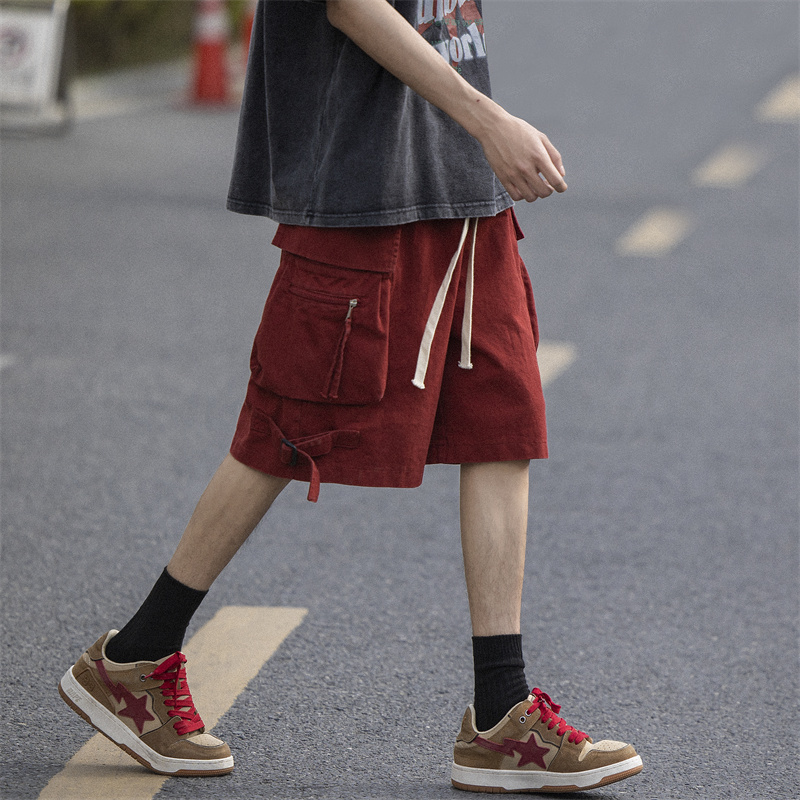 Japanese Retro Red Work Shorts for Men, Summer Trendy Brand Casual Loose Oversized Pants, Sports Five-Point Shorts