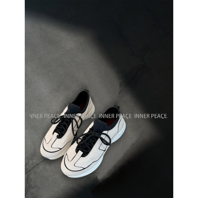 【Inner】Soft and Comfortable 26A Handmade Suede Calfskin Patchwork Knit Din Version Thick-Soled Sneakers