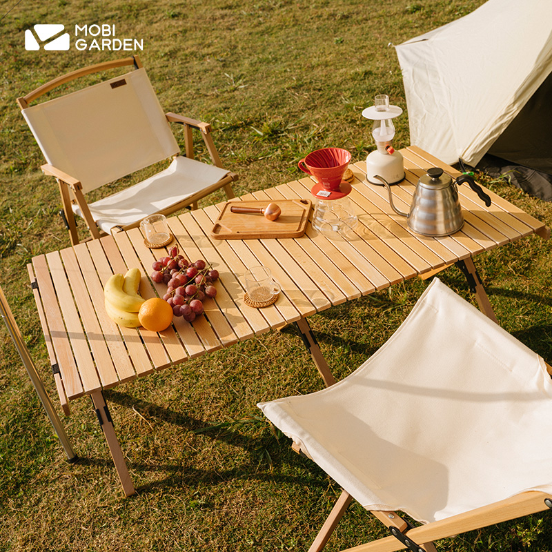 Campaign Outdoor Egg Roll Table Portable Folding Table Camper with Self-Driving Solid Wood BBQ Table