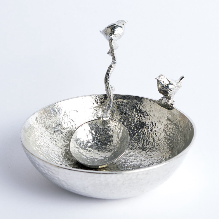 GloverS British handmade Small Wren Bird Twig Silver Metal round bowl Decorative bowl 2-piece set