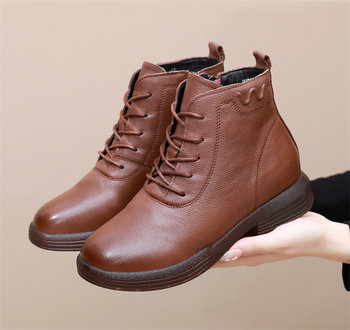 Winter New Arrivals Shanghai Dengyun Women's Shoes Genuine Leather Flat Shoes Martin Boots Soft Sole Mom Short Boots Fleece-Lined Cotton Shoes