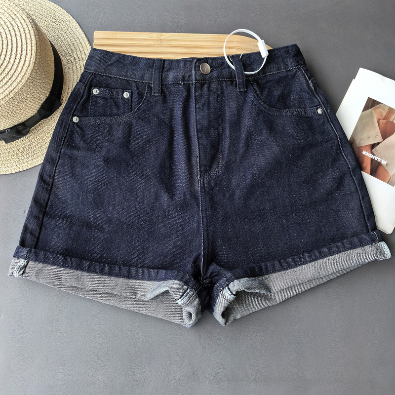 Dark Blue Denim Shorts 2026 Summer New Women's High-Waisted Wide-Leg Loose Mid-Length Cuffed Hot Pants Five-Point Length