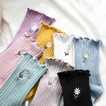 Wooden ear socks female middle tube small flower ins tide pile socks cute Japanese lace Korean summer thin stockings