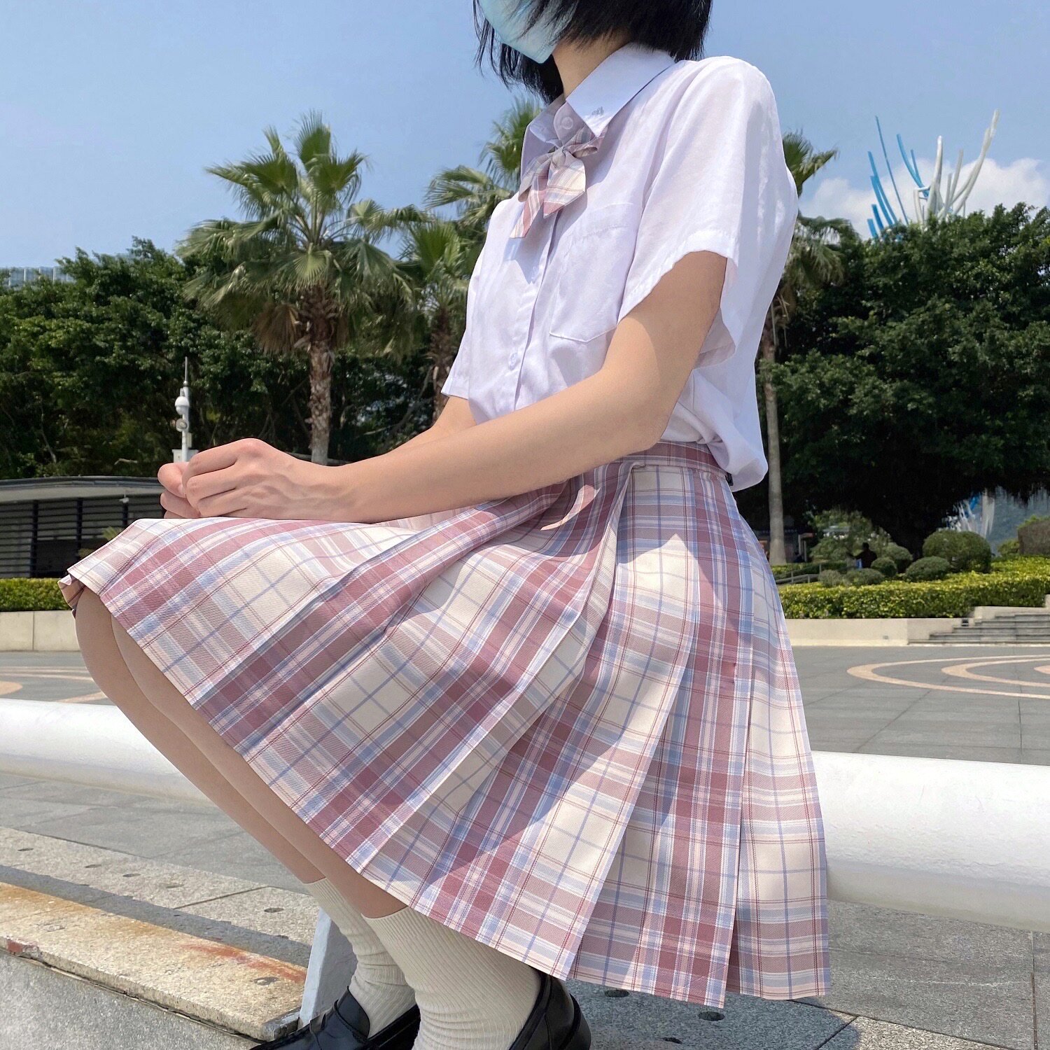 Big pink plaid genuine rabbit seam seam JK uniform full set Swallow home summer shirt La La sauce short grid skirt woman