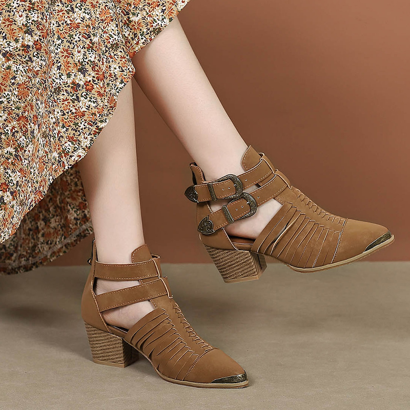 Roman Sandals for Women 2025 New Style Hollow Woven Chunky Heel High Heel Pointed Toe Iron Toe Western Cowboy Breathable Retro