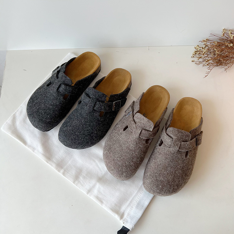 Autumn and Winter Cork Slippers with Thick Soles, Wool Felt, Single Strap, Outdoor Flat Arizona Clogs, Birkenstock-Style Half Slippers Autumn and Winter Cork Slippers with Thick Soles, Wool Felt, Single Strap, Outdoor Flat Arizona Clogs, Birkenstock-Style Half Slippers