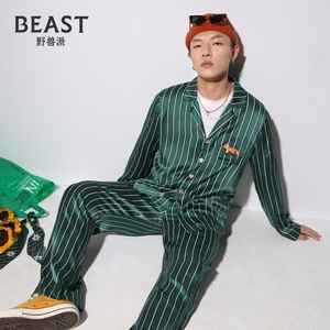 THEBEAST/野兽派情侣睡衣 条纹真丝印花夏季可外穿家居服