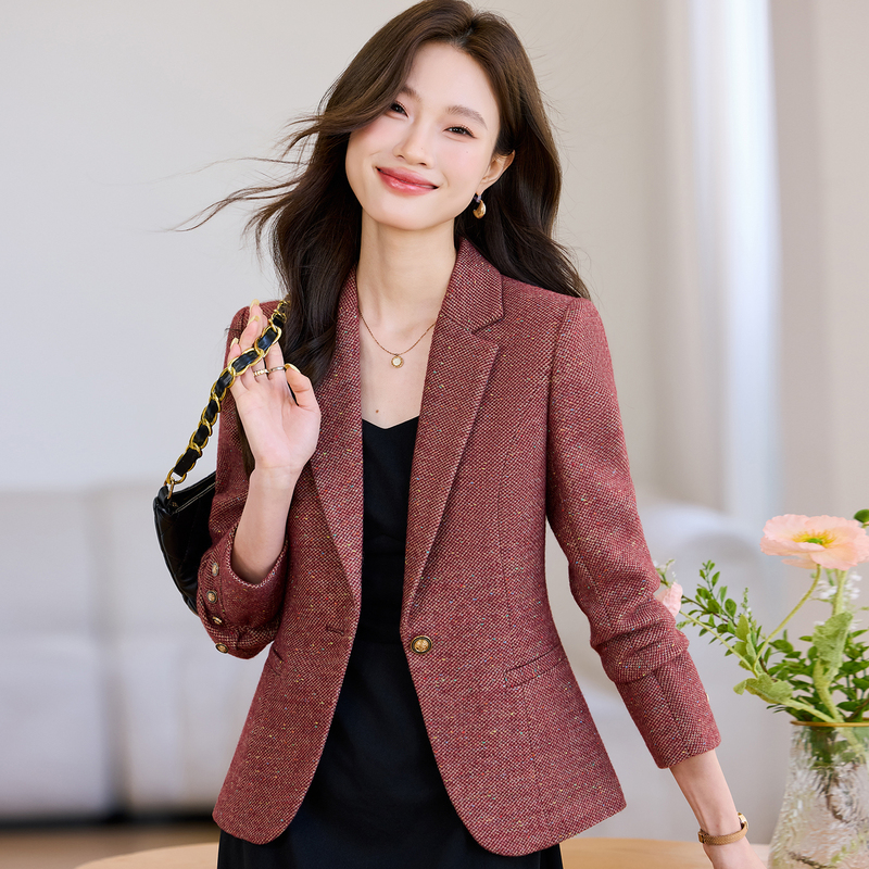 Maroon Wool Blazer for Women 2026 Super Popular New Autumn and Winter High-End Casual Suit Jacket for Petite Figures