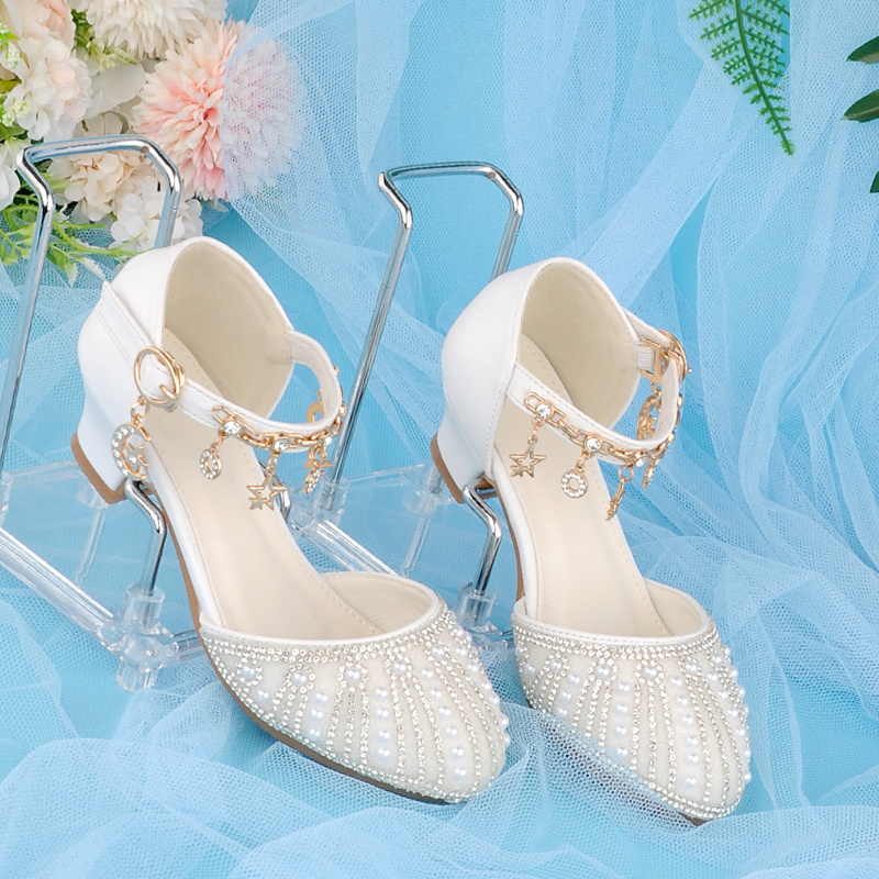 Korean-Style Silver Children's High-Heeled Shoes, White Leather Shoes, Girls' Princess Shoes, Wide-Foot Spring and Summer Low-Heeled Crystal Closed-Toe Shoes