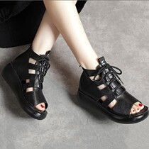 Wedge heel sandals womens thick bottom 2022 new summer leather fish mouth high heels hollow Roman heightening womens shoes