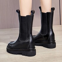 Leather inner heightening Martin boots womens thick-heeled mid-tube thick-bottomed cigarette boots womens winter fleece flat Chelsea short boots