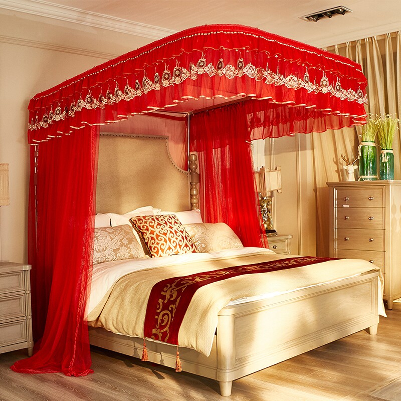 Wedding rail mosquito net big red festive wedding room U-shaped track home floor three door 1 5 m 1 8m bed