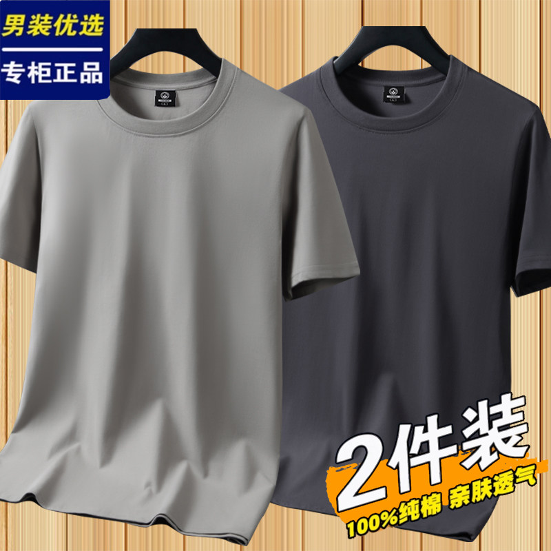 2件100%纯棉短袖t恤男夏季新款纯色宽松大码体恤半袖打底衫T上衣