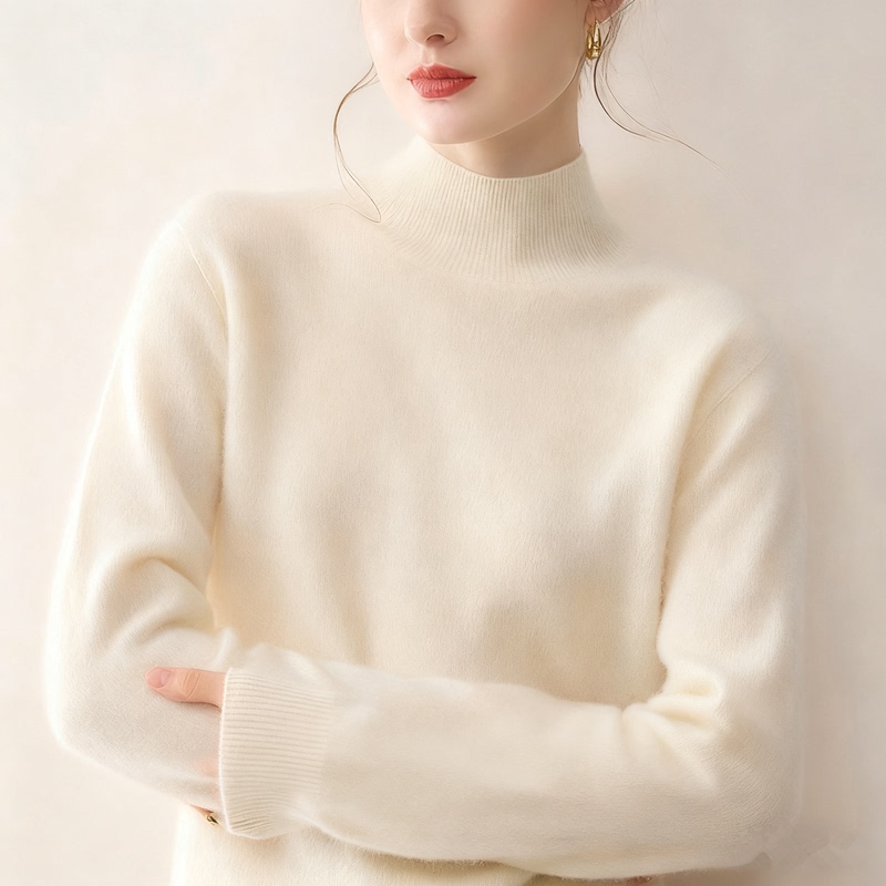 Seamless One-Piece 100% Pure Cashmere Sweater for Women, Half Turtleneck Base Layer, Loose Wool Knit Sweater for Autumn and Winter