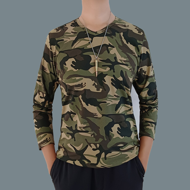 Camouflage T-Shirt for Men, Long-Sleeved, V-Neck, Outdoor Field Pure Cotton Spring and Autumn Top, Base Layer Shirt, Clothing, Wild Fishing Team Uniform