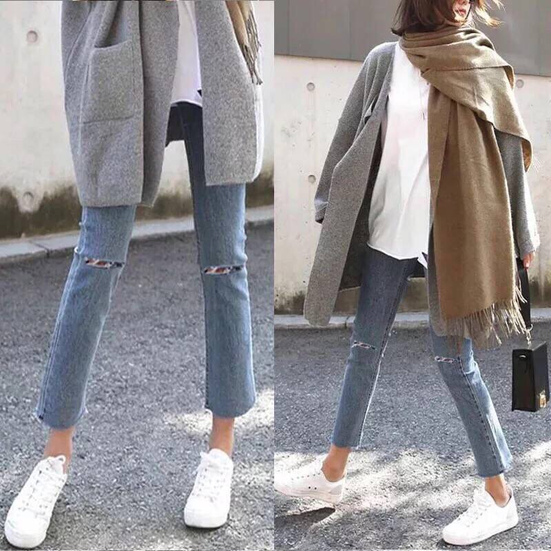 Pregnant women ripped straight jeans ninth pants loose Korean version spring and autumn 2020 new style outside wear long pants inside